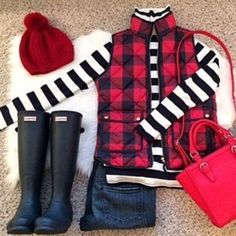 winter outfit ideas. cute outfits. women's clothing ideas. boutique shopping. Plaid Puffer Vest, Puffer Vest Outfit, Winter Shopping, Vest Outfit, Red Buffalo Plaid, Clothes Winter, Handbag Outfit, Outfits Winter, Vest Outfits