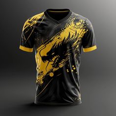 a black and yellow t - shirt with a dragon on the front, against a gray background