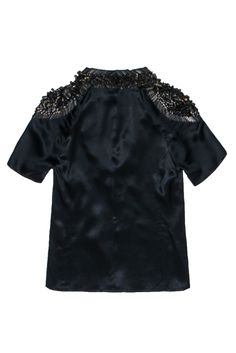 Go with some eye-catching texture that is sure to draw you some attention with this beaded beauty from Armani Exchange! Made with a bronze-toned beaded design, this striking shirt features strong shoulders for a confident look. Size XS 100% Silk V-neckline Short sleeve All over bronze-toned beading Satin material Side zipper closure Waist 28” Total length 22” Elegant Short Sleeve T-shirt For Evening, Elegant Evening Top With Embellished Collar, Formal Black Embellished Blouse, Party Black Top With Embellished Collar, Party Top With Embellished Collar In Black, Black Party Top With Embellished Collar, Beaded Short Sleeve Top For Party, Elegant Black Beaded Top, Elegant Beaded Black Tops