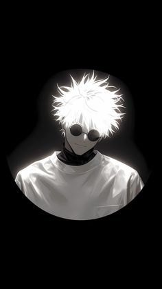 an anime character with white hair and black glasses in the dark, looking at something