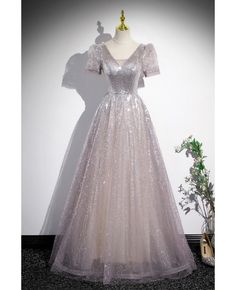 Get 10% off now! Buy shiny sequin tulle v neck silver prom dress with beading chain at cheap price online. Free stable shipping and pro custom service since 2009. Short Sleeve Prom Dresses, Silver Prom Dress, Purple Prom, Floor Length Prom Dresses, Sequin Prom Dress, Bridal Party Dresses, Beautiful Shorts, Long Sleeve Print Dress, Silver Dress