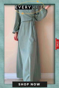 Versatile Solid Color Maxi Dress Solid Long Sleeve Wrap Dress For Spring, Spring Long Sleeve Solid Wrap Dress, Modest Long Sleeve Long Dress For Spring, Modest Long Sleeve Beach Dress, Spring Solid Color Maxi Long Sleeve Dress, Long Solid Color Dress For Spring, Long Spring Dress In Solid Color, Long Solid Color Spring Dresses, Spring A-line Maxi Dress With Tie Waist