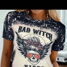 Medium Brand New Bad Witch Vibes Tee. Perfect For Fall And Halloween ! Fun Black Printed Top, Edgy Halloween Sublimation Print Tops, Fun Black Printed T-shirt, Halloween Printed Cotton Top, Printed Cotton Halloween Tops, Witch Vibes, Bad Witch, Halloween Graphic Tees, Fall And Halloween