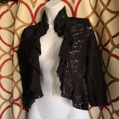 Nwot 3/4 Sleeve Lace Ruffle Bolero Jacket/Shrug Perfect For That Party! Smoke-Free Home Elegant 3/4 Sleeve Cardigan For Party, Fitted Formal Outerwear With 3/4 Sleeves, Elegant Ruffled Outerwear For Night Out, Elegant Ruffled Cardigan For Parties, Elegant Party Cardigan With Ruffles, Elegant 3/4 Sleeve Evening Outerwear, Elegant Evening Outerwear With 3/4 Sleeves, 3/4 Sleeve Fall Cardigan For Party, 3/4 Sleeve Cardigan For Fall Party