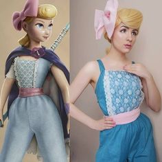 there are two pictures of the same woman in different outfits, one is wearing a blue dress and the other has a pink bow on her head