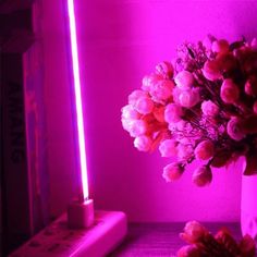 a vase filled with flowers next to a pink light