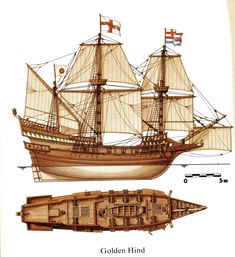 an old sailing ship with two smaller ones on the front and one larger one on the back