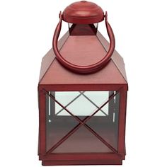 a small red lantern with a glass top and metal frame on the front, set against a white background