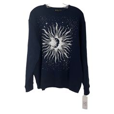 Nwt Women's The Vinyl Icons Navy Blue Sun Graphic Pullover Crewneck Sweatshirt, Size Medium. Crew Neckline, Long Sleeves, Pullover Styling. 60% Cotton, 40% Polyester. New With Tags. Chest: 22.5" Length: 27.5" Arm Length: 19" All Measurements Are Approximate And Are Taken With The Item Laying Flat. Size: Womens M Condition: New With Tags Blue Sweater With Graphic Print For Loungewear, Blue Graphic Print Sweater For Loungewear, Blue Cotton Sweater With Graphic Print, Brandy Melville Sweater, Cropped Half Zip, Sun Graphic, Graphic Pullover, Mock Neck Sweatshirt, Velvet Hoodie