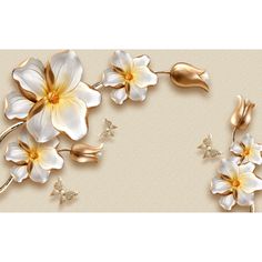 an image of white flowers with gold leaves