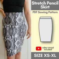 a woman wearing a pencil skirt and black top, with the pattern shown below it