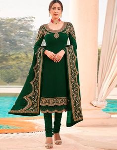 Green Chudidar style Suit Georgette Salwar Kameez in Embroidery, Stone & Lace Work:Arabic Attire #blackshalwarkameezforladies #trendingsuits #stitchingsalwarkameez #indiansalwarsuitsonline #simplesuits #traditionalsalwarkameez #suitnewfashion #salwarsuitonlineusa #suitsforwomenonline #simpleshalwarkameez #ladieski #salwarkameezonlineshopping #designsuits #designersuitswithprice #designersuitwithprice #differenttypesofsuitsdesign Bollywood Suits, Drashti Dhami, Pakistani Suits Online, Churidar Suits, Salwar Suits Online, Designer Salwar Suits, Pakistani Suits, Churidar, Indian Design