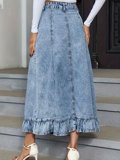 Blue Ruffle Hem Denim Midi Skirt, Single Breasted Button Washed Elegan – XIEYINSHE Denim Clothing, Womens Denim, Denim Midi Skirt, Clothing Size Chart, Womens Clothing Sizes, Denim Outfit, Ruffle Hem, Denim Women, Single Breasted