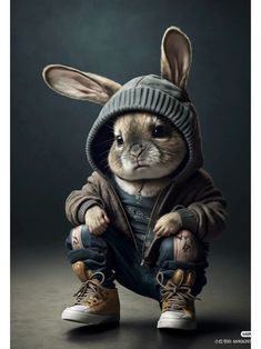 a rabbit in a hoodie sitting on the ground