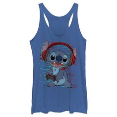 a women's blue tank top with an image of stitchy mouse wearing headphones