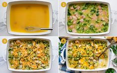 four pictures showing how to make a casserole with broccoli and cheese