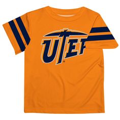 Texas at El Paso Miners Vive La Fete Boys Game Day Orange Short Sleeve Tee with Stripes on Sleeves School Spirit T-shirt With Team Logo For Cheerleading, Orange Team Spirit Tops For Sports Events, Orange Tops For Sports Events With Team Spirit, Short Sleeve Tops With Team Logo For School Spirit, Sporty Orange Tops For Fan Gear, Orange Team Spirit Sports Top, Collegiate Tops With Team Logo For Cheerleading, Crew Neck Top With Team Logo For Cheerleading, Football Season Cheerleading Tops With Team Logo