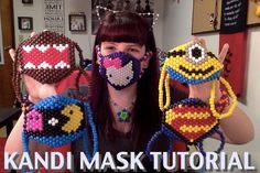 a woman holding three beaded masks in front of her face with the words kandi mask