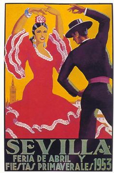 an advertisement for the spanish dance company sevillia, featuring a man and woman dancing