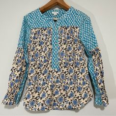 Nwot, Excellent Condition Sundance Explorer Blue And White Mixed Floral Print Long Sleeve Henley Shirt Medium Contrasting Print Ruffled Smocked Cuffs Cotton Machine Washable Bin: 1 Summer Long Sleeve Block Print Blouse, Blue Relaxed Fit Top With Block Print, Blue Block Print Relaxed Fit Top, Casual Blue Block Print Tops, Blue Block Print Tops For Spring, Spring Relaxed Fit Block Print Blouse, Fitted Long Sleeve Block Print Tops, Spring Block Print Relaxed Fit Tops, Casual Long Sleeve Block Print Tops