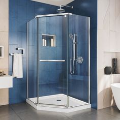 a bathroom with blue walls and tile flooring, including a walk in shower stall