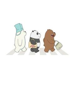 three cartoon bears are walking across the street with one bear holding a cup and another bear wearing a hat