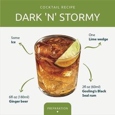 a glass with some drinks in it and the description on top of it that says dark n'stormy