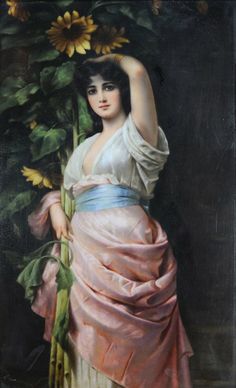 a painting of a woman with sunflowers on her shoulder and arms behind her head