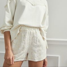 Brand New Anthropologie Leonie Embroidered Shorts By Reverie By Nyc Never Worn Cotton, Viscose Embroidered Detail Pull-On Styling Machine Wash Imported Dimensions: 15" Waist Lying Flat 14.25" In Length 11" Rise 2.5" Inseam 12.75" Leg Opening Summer Cream Bottoms With Floral Embroidery, Cream Floral Embroidery Bottoms For Summer, Summer Floral Embroidery Cream Bottoms, Casual White Shorts With Floral Embroidery, White Cotton Shorts With Floral Embroidery, White Casual Shorts With Floral Embroidery, Floral Embroidered Relaxed Fit Bottoms For Loungewear, Summer White Bottoms With Floral Embroidery, White Bottoms With Floral Embroidery For Summer