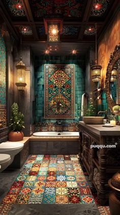 an ornate bathroom with colorful tiles on the floor