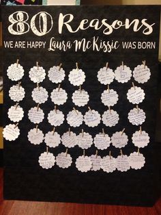 a bulletin board that has been decorated with paper hearts and the words 80 reason we are happy