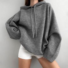 Womens Casual Knitted Hooded Sweater Sweater Streetwear, Woolen Sweaters, Streetwear Sweatshirt, Sport Sweater, Top Streetwear, Winter Hoodies, Gray Fabric, Basic Long Sleeve, Knit Hoodie