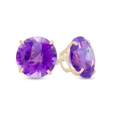 On her February birthday, dazzle and delight her with these exceptional gemstone solitaire stud earrings. Created in warm 10K gold, each earring features an 8.0mm bright purple amethyst finished with a special checkerboard cut and nestled in a traditional four prong setting. A lovely look any time, these post earrings are polished to a brilliant shine and secure comfortably with friction backs. Purple 14k Gold Earrings With Prong Setting, 14k Gold Purple Earrings With Prong Setting, Amethyst Studs, February Birthday, Solitaire Studs, Bright Purple, Purple Stones, Amethyst Stone, Earring Backs