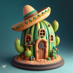 a green house with a sombrero on top and cactus in the front yard