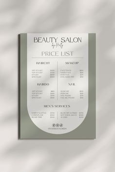 the beauty salon price list is displayed on a white background with green and gray stripes