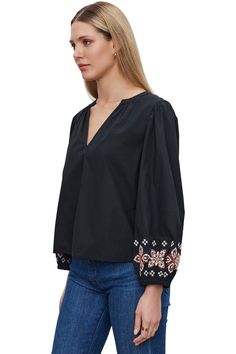 Long Sleeve V-neck Blouse Pull on Style Embroidery Detail on Sleeves Style#: Paola06 Best Gift Cards, Jumpsuit And Blazer, Sleeves Style, V Neck Blouse, Embroidery Details, Ulla Johnson, Embroidered Top, Blouse Top, Denim Dress