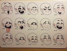 an image of various facial expressions on a white paper with chinese characters in the background