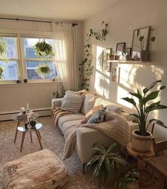 a living room filled with furniture and plants