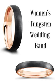 two wedding bands with the words women's tungsten wedding band in black and rose gold