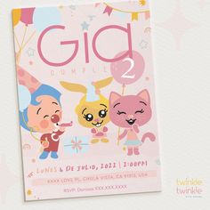 a pink birthday card with two cartoon characters and the words gid complete 2 on it