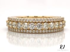 three row diamond wedding ring set in yellow gold