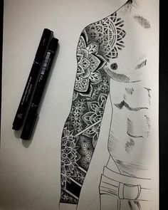 a drawing of a man's arm with flowers on it and a pen next to it