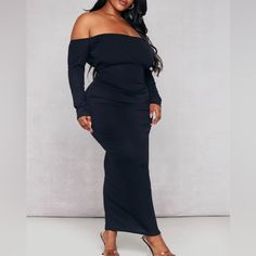 Black, Ribbed Long Sleeve Midi Dress Off The Shoulder Off-shoulder Black Maxi Dress For Fall, Black Off-shoulder Maxi Dress For Fall, Off-shoulder Ribbed Dress For Night Out, Off-shoulder Ribbed Party Dress, Black Ribbed Long Sleeve Maxi Dress, Spring Black Ribbed Maxi Dress, Black Ribbed Midi Dress For Date Night, Black Off-shoulder Maxi Dress For Date Night, Black Ribbed Maxi Dress For Night Out