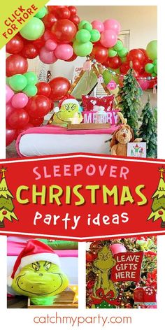 a collage of christmas party decorations and balloons with the words sleepover christmas party ideas