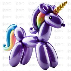 an inflatable purple unicorn balloon with a rainbow horn on it's head