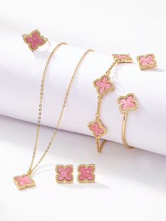 6 Pcs Four Leaf Clover Earring Necklace Bracelet Bangle Ring Jewelry Set For Women Hot Pink         Women Fashion Jewelry, size features are:Bust: ,Length: ,Sleeve Length: Pink Tarnish-resistant Round Jewelry, Trendy Plated Jewelry As A Gift, Trendy Plated Jewelry For Gifts, Pink Alloy Jewelry Gift, Pink Gold-plated Jewelry Tarnish Resistant, Trendy Plated Jewelry, Pink Tarnish Resistant Gold Plated Jewelry, Pink Gold-plated Tarnish-resistant Jewelry, Tarnish Resistant Pink Gold Plated Jewelry