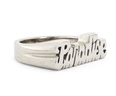 A perfect addition to your favorite stack - our signature nameplate rings are a quirky spin on an old school favorite. Guacamole? Winetime? Sweatpants? Whatever your passion... we GET you.Hand-carved unisex rings are available in sizes 5-13 - please contact us directly for any additional sizing needs.These items are handmade! Please allow 5-10 business days for rings to be sized and shipped. Rush shipping is available upon checkout. Nameplate Ring, Unisex Rings, Queen Rings, Unisex Ring, How To Make Notes, Name Plate, Guacamole, Women Rings, Statement Rings