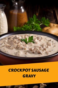 a bowl of crockpot sausage gravy with parsley on the side