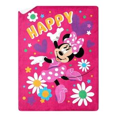 a pink towel with minnie mouse on it's face and the words happy written in large letters