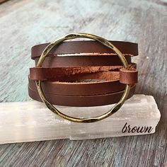 Leather Wrap Bracelet / Hammered Ring Wrap Cuff / Joanna Gaines Jewelry / Brown, Black, English Tan Vintage Adjustable Jewelry With Leather Strap, Adjustable Double Band Brown Wrap Bracelet, Adjustable Double Band Jewelry With Leather Strap, Adjustable Double Band Leather Strap Jewelry, Adjustable Brown Hand Wrapped Cuff Bracelet, Adjustable Hand Wrapped Brown Cuff Bracelet, Adjustable Brown Double Band Bracelets, Adjustable Brown Double Band Jewelry, Adjustable Double Band Brown Jewelry